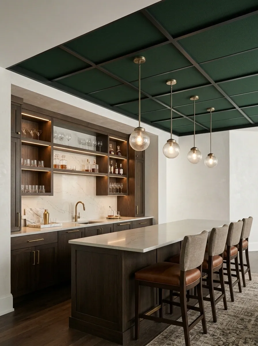 Refined Basement Bar With Deep Green Ceiling Panels