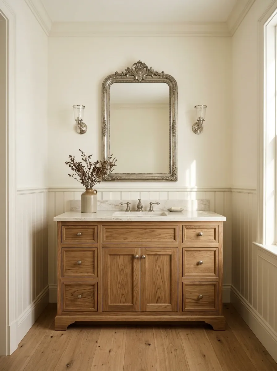 Refined Farmhouse Bathroom With Cream Marble and Antique Silver