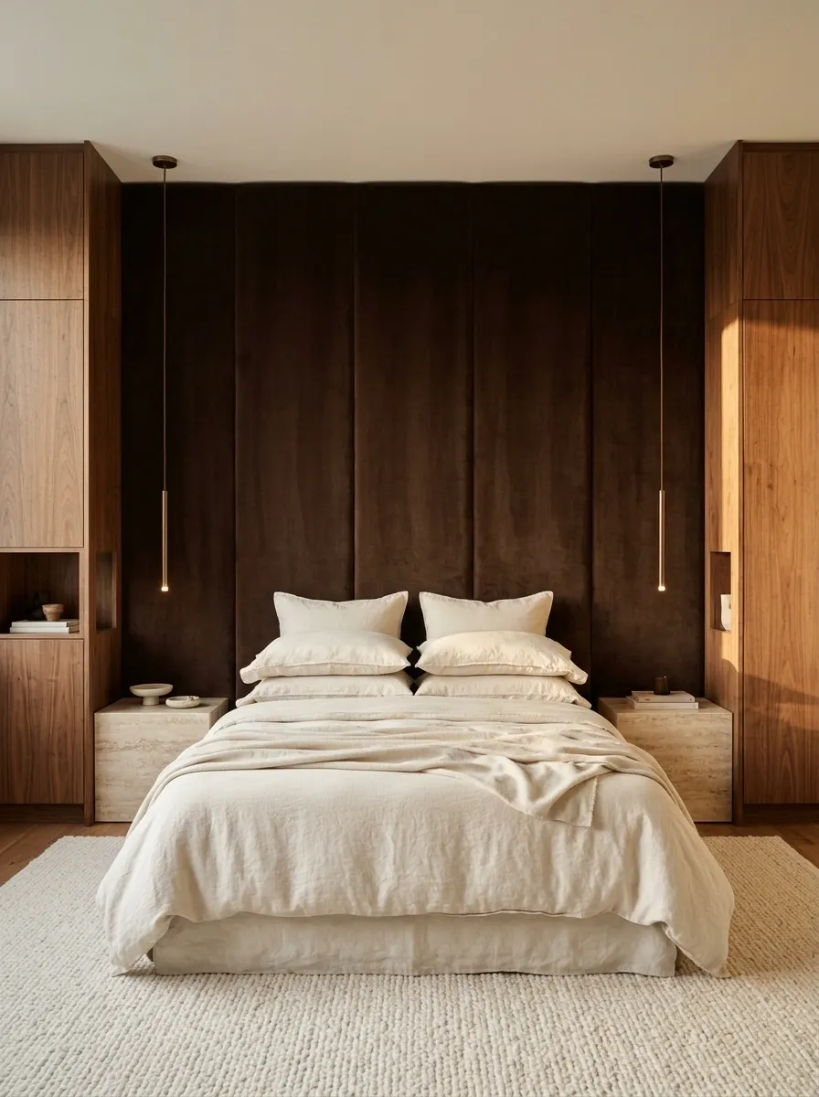Refined Luxury Bedroom With Chocolate Upholstery, Walnut, and Travertine