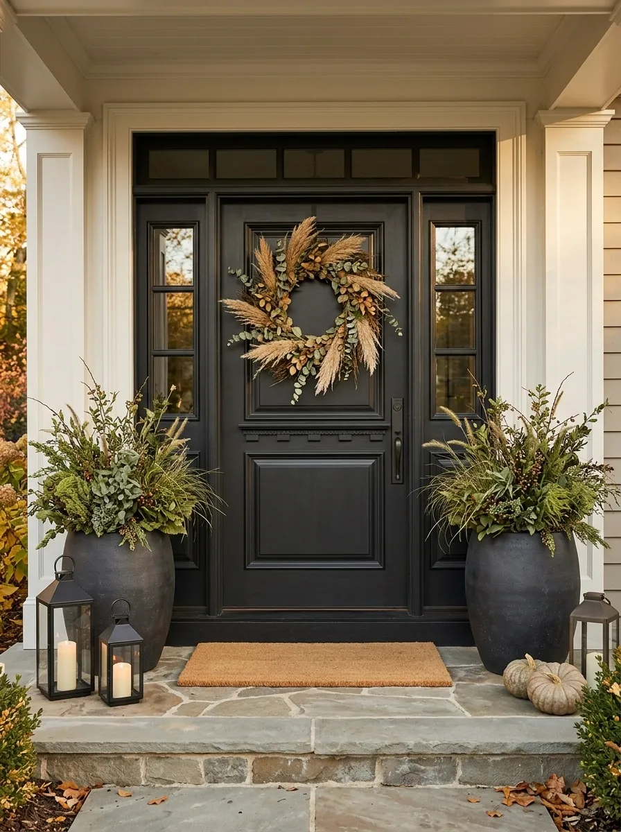 Refined Thanksgiving Front Door With Natural Wreaths and Potted Foliage