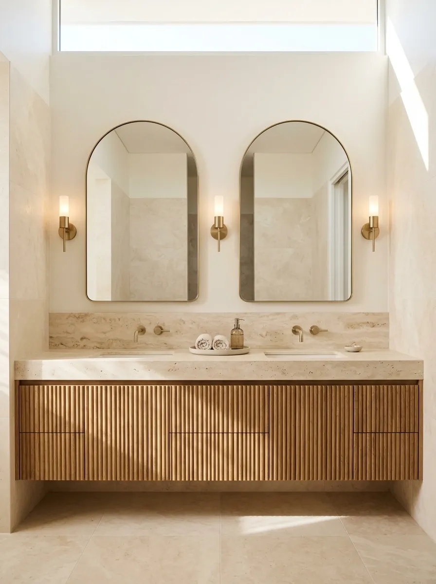 Refined Western Bathroom With Arched Mirrors and Travertine