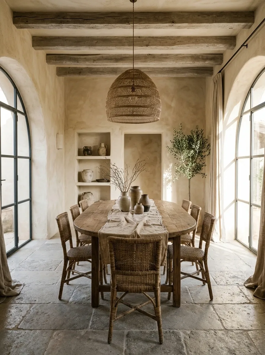 Relaxed Mediterranean Dining Room With Plaster Walls and Woven Seating