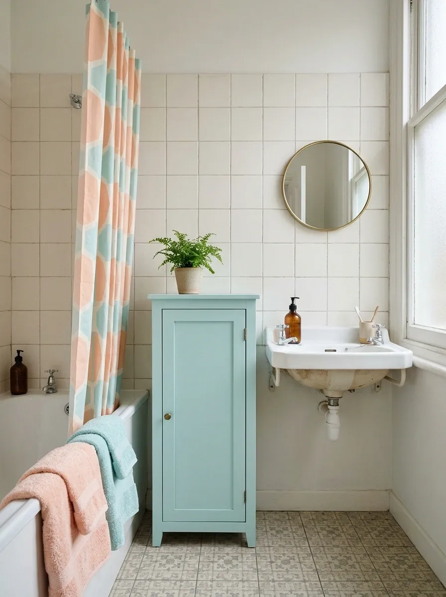 Rental Bathroom With a Plain White Suite and a Retro Textile Palette