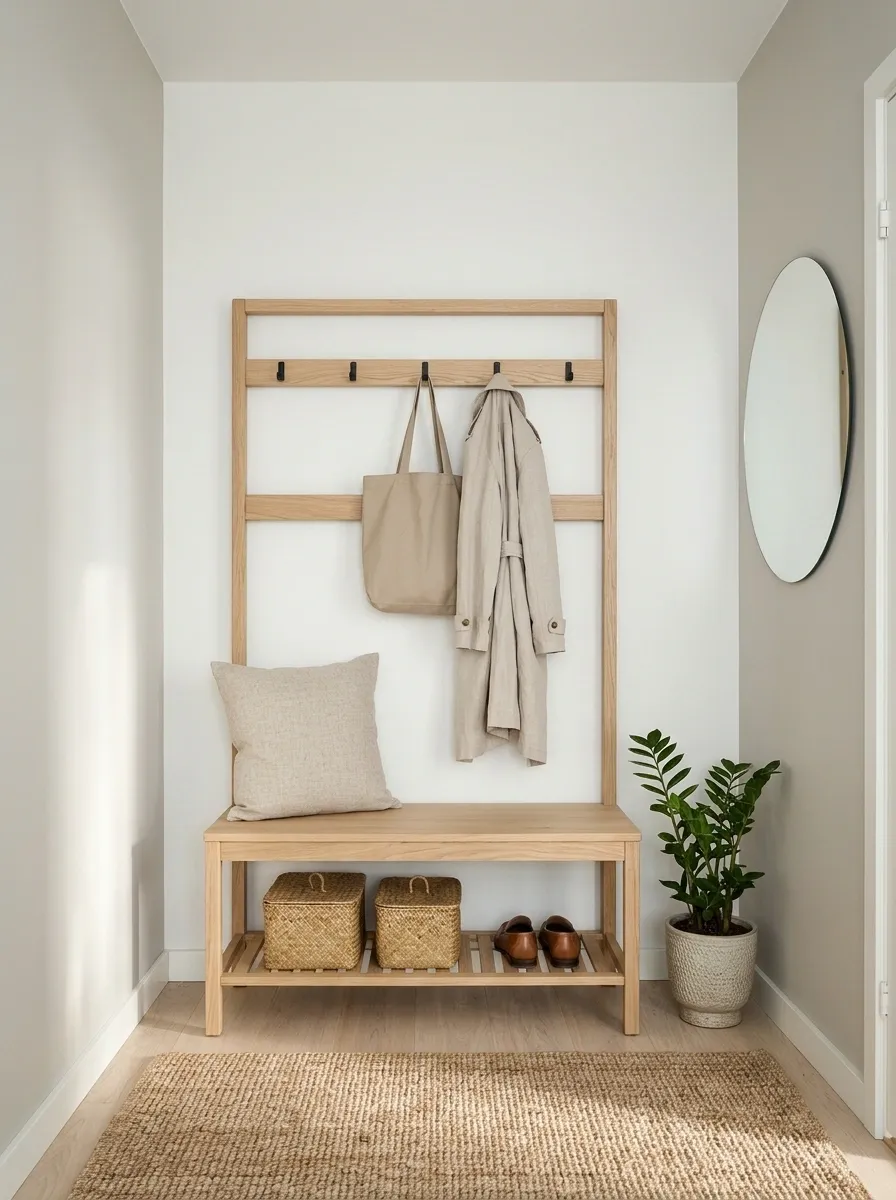 Rental Entry Corner With a Freestanding Hall Tree and Closed Baskets