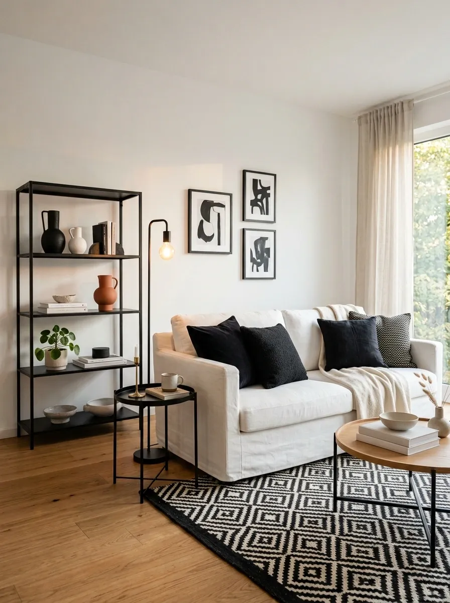 Rental-Friendly Black and White Living Room