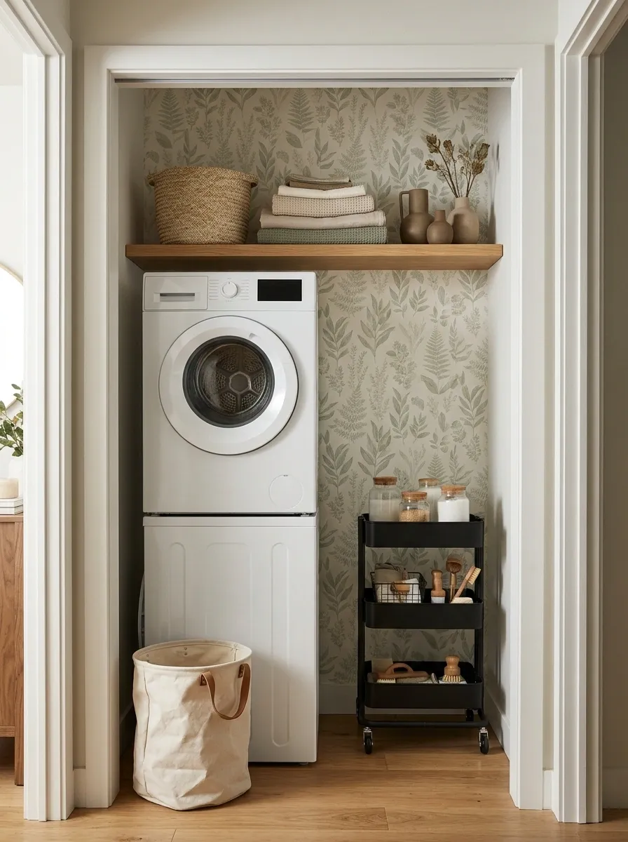 Rental-Friendly Laundry Closet With Removable Wallpaper