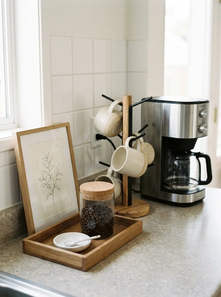 Rental Kitchen Coffee Tray With a Freestanding Tiered Mug Stand