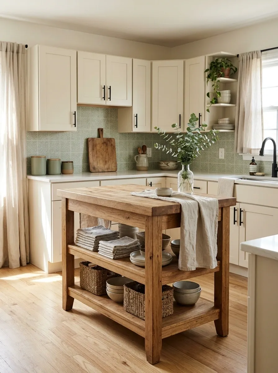Rental Kitchen With Sage Accents and a Freestanding Work Cart
