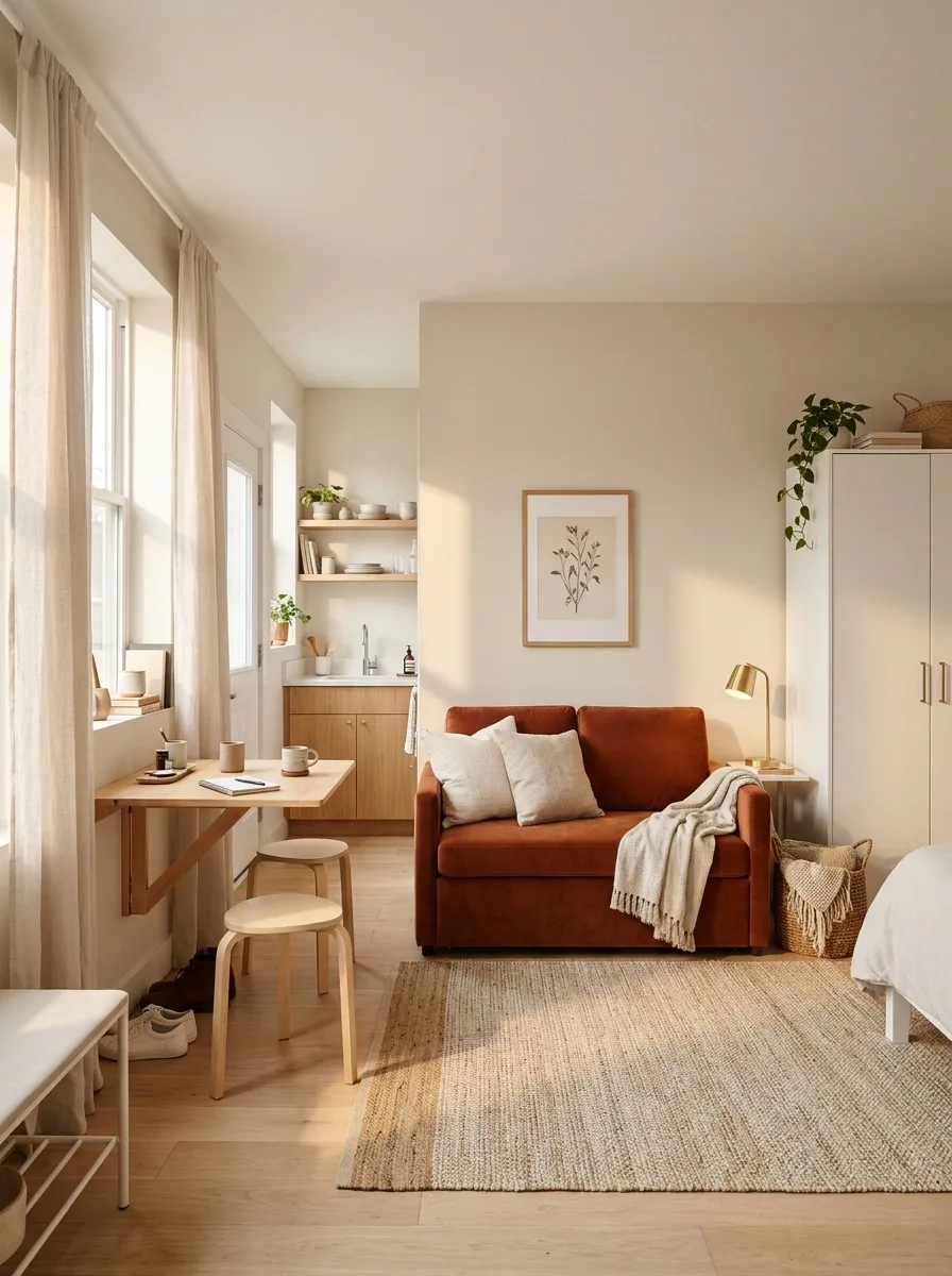 Rental Studio With a Sofa Bed, Folding Dining Table, and Freestanding Storage