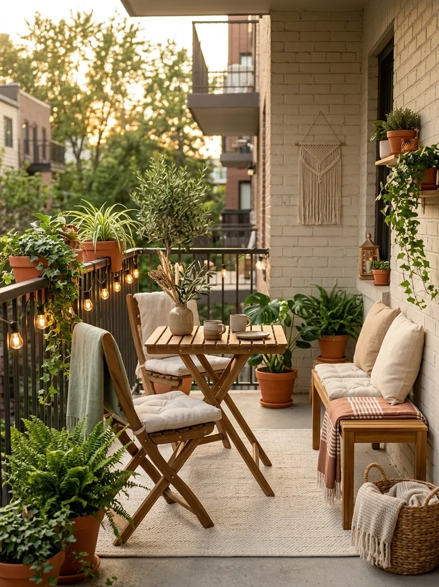 Renter-Friendly Balcony With Lightweight Wood Furniture
