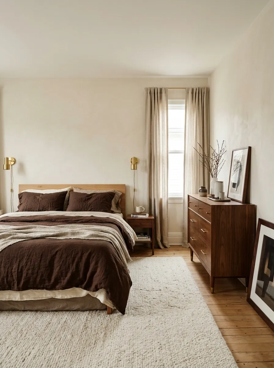 Renter-Friendly Bedroom With Chocolate Bedding and Movable Furniture