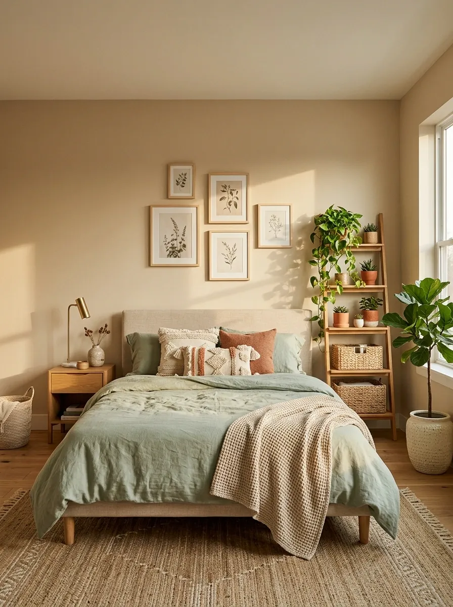 Renter-Friendly Greenery Bedroom With Freestanding Displays