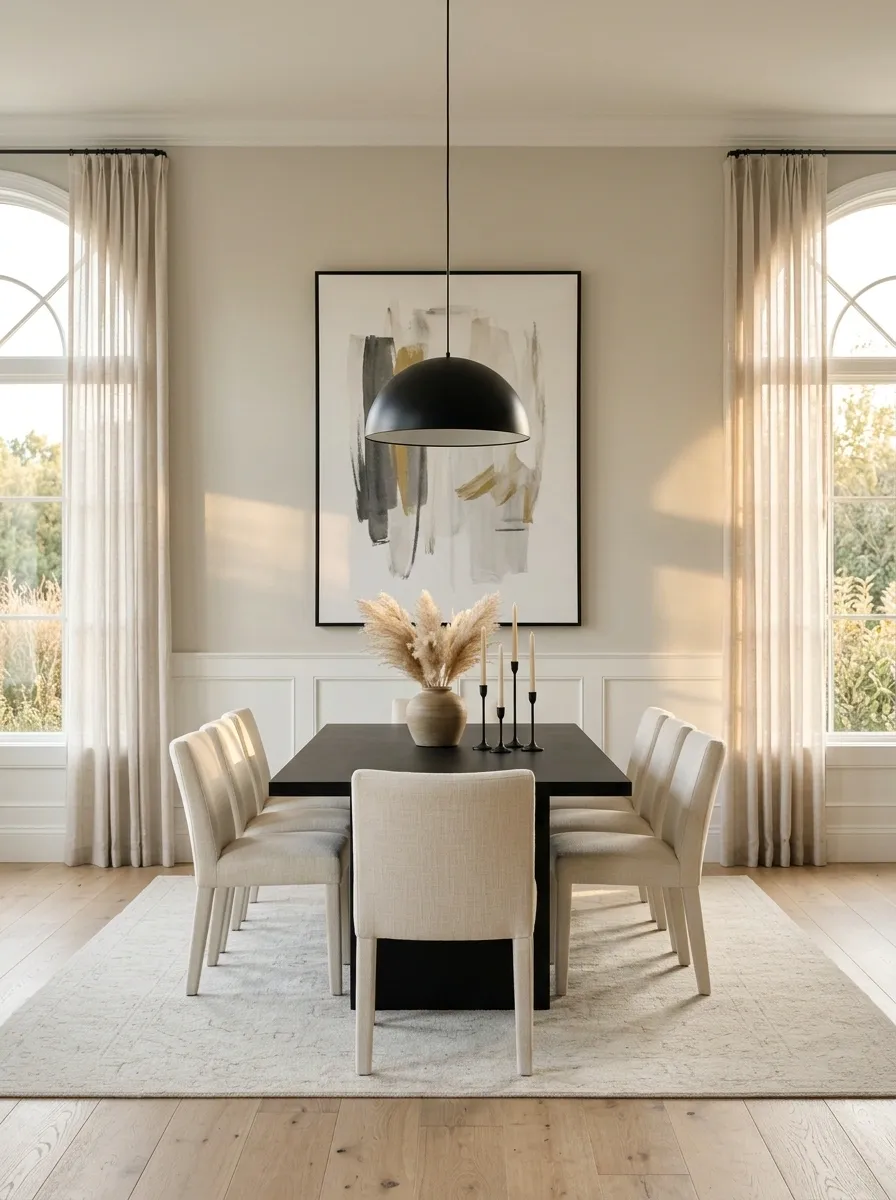 Repeat the Table’s Black Finish in the Lighting or Art