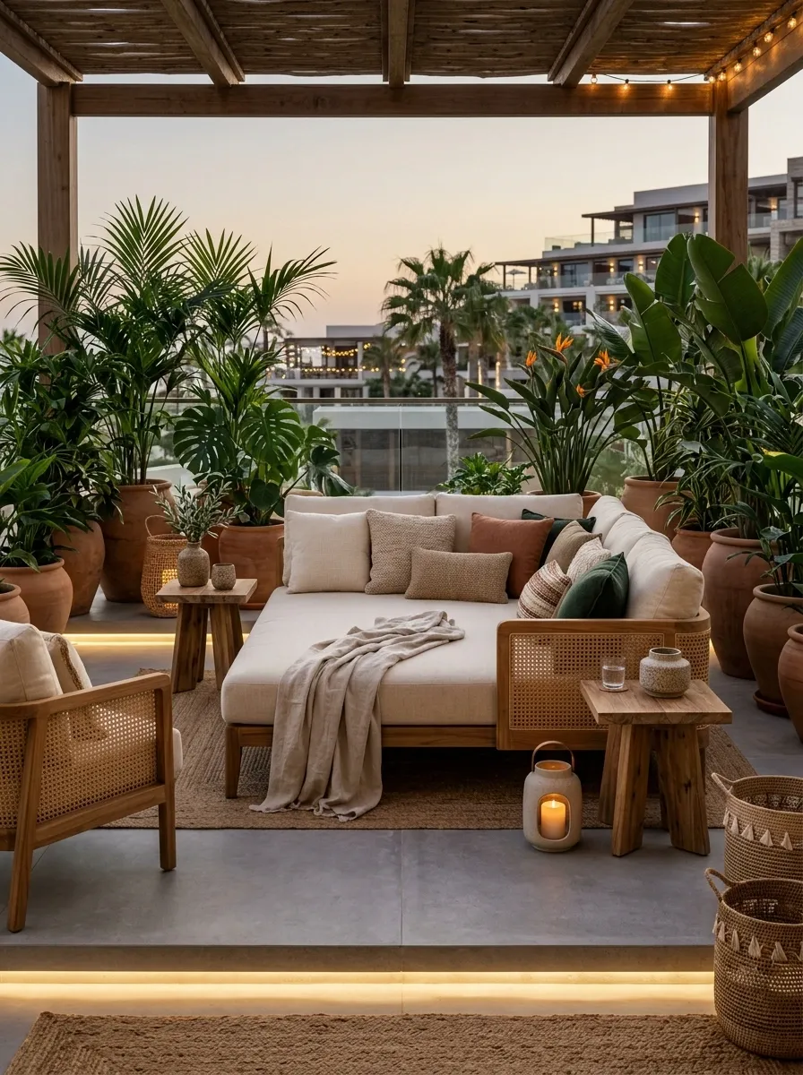 Resort-Inspired Apartment Patio With a Daybed, Palms, and Warm Neutral Layers
