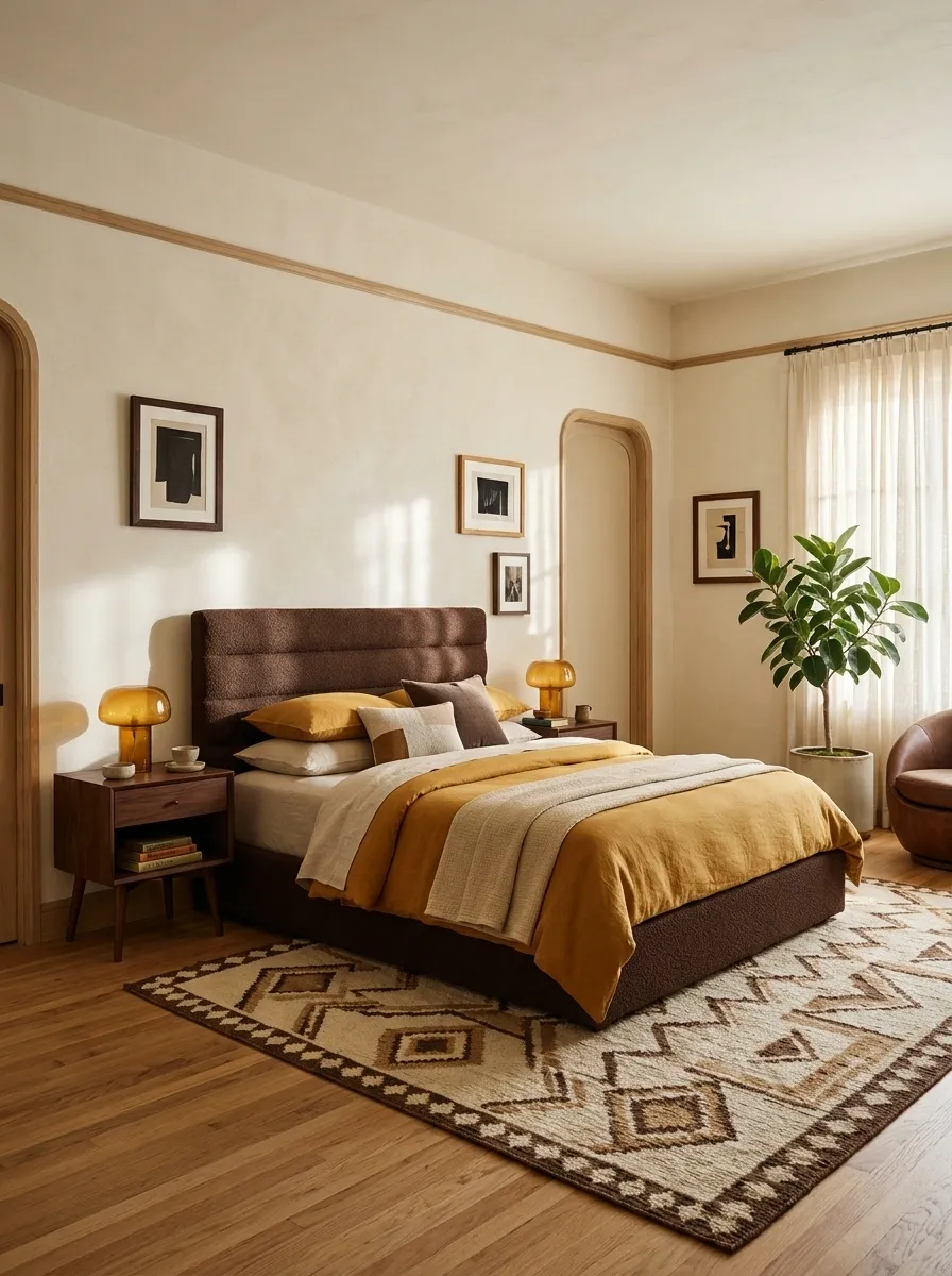 Retro Bedroom With Chocolate Brown and Mustard Ochre