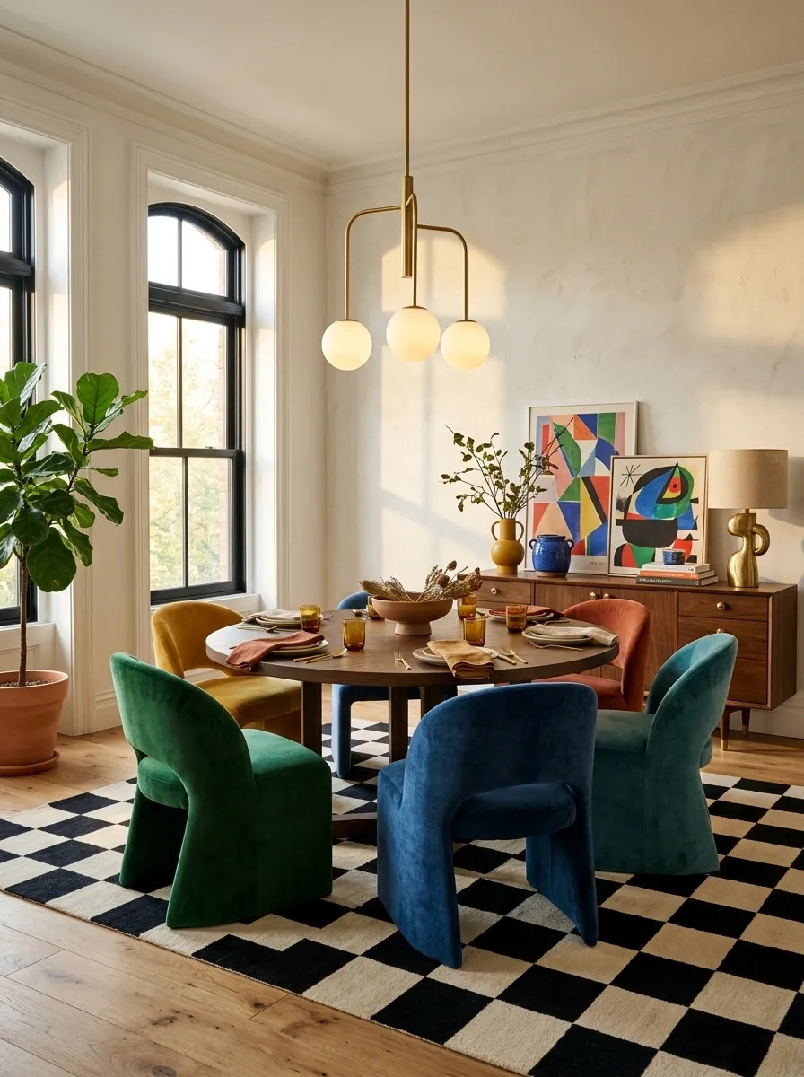 Retro Eclectic Dining Room With Checkerboard Details and Curved Seating