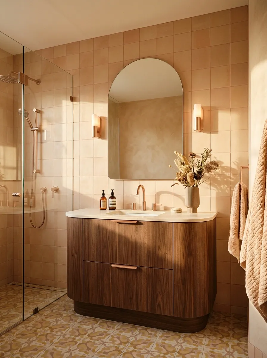 Retro-Inspired Bathroom With Rounded Wood and Warm Tones