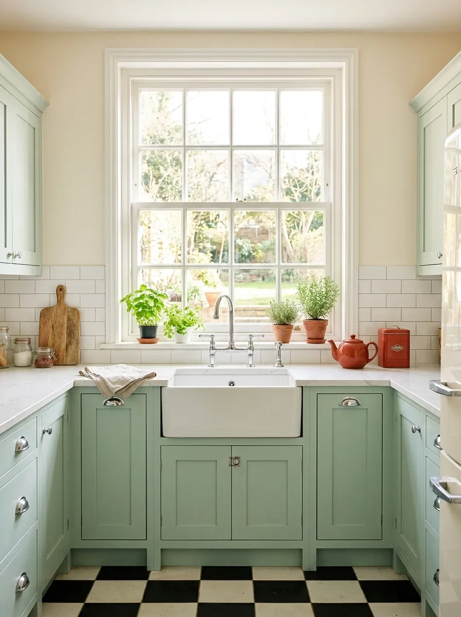 Retro Kitchen With a Cheerful Window and Colorful Cabinetry