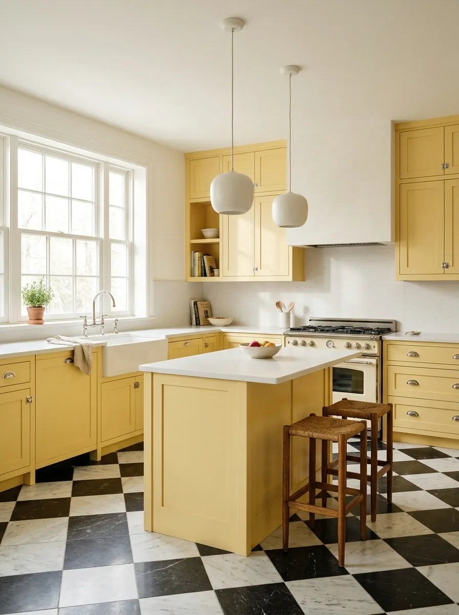 Retro Kitchen With Butter Yellow Cabinets and Checkerboard Floors