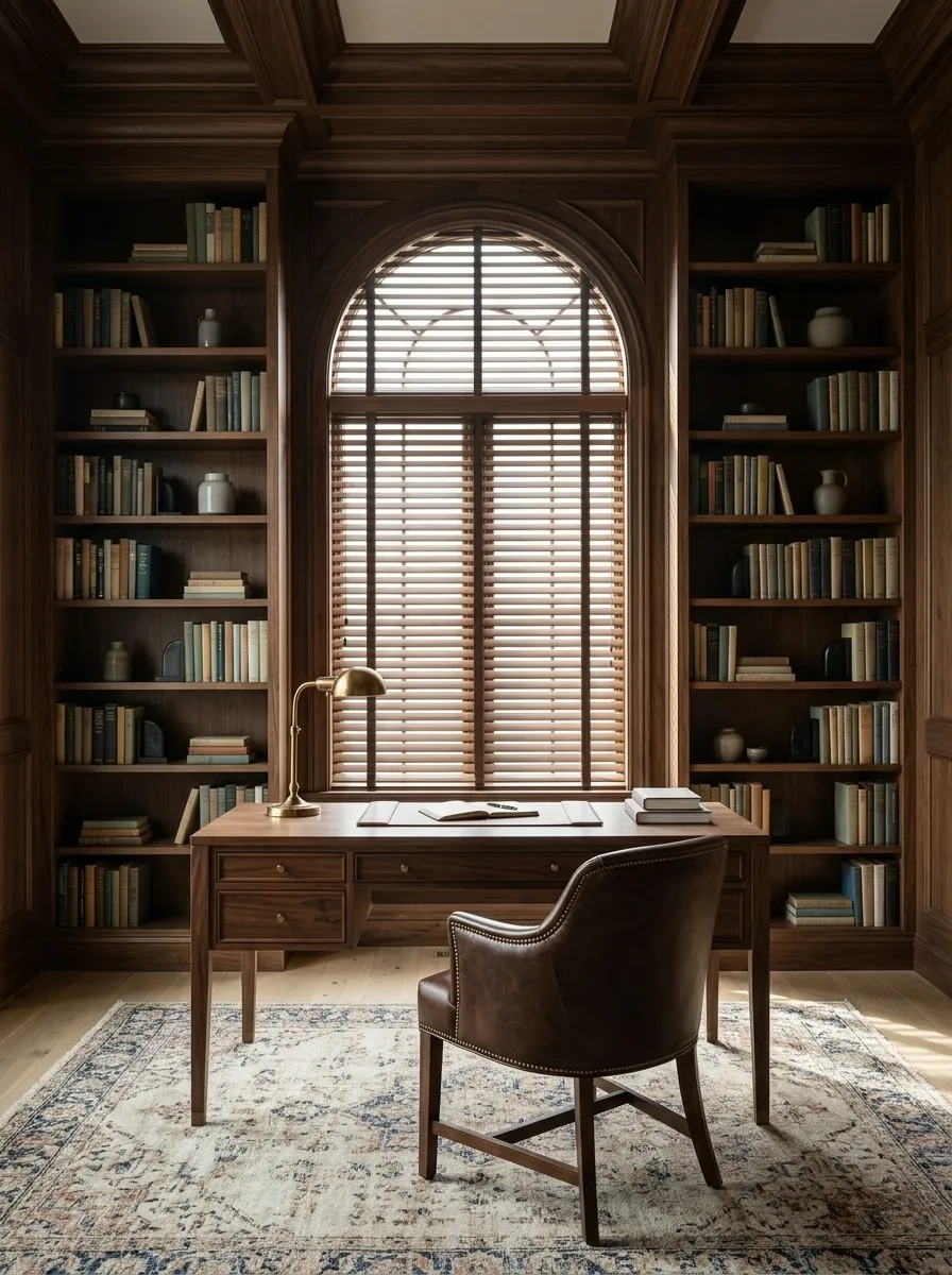 Rich Walnut Venetian Blinds in a Tailored Home Library