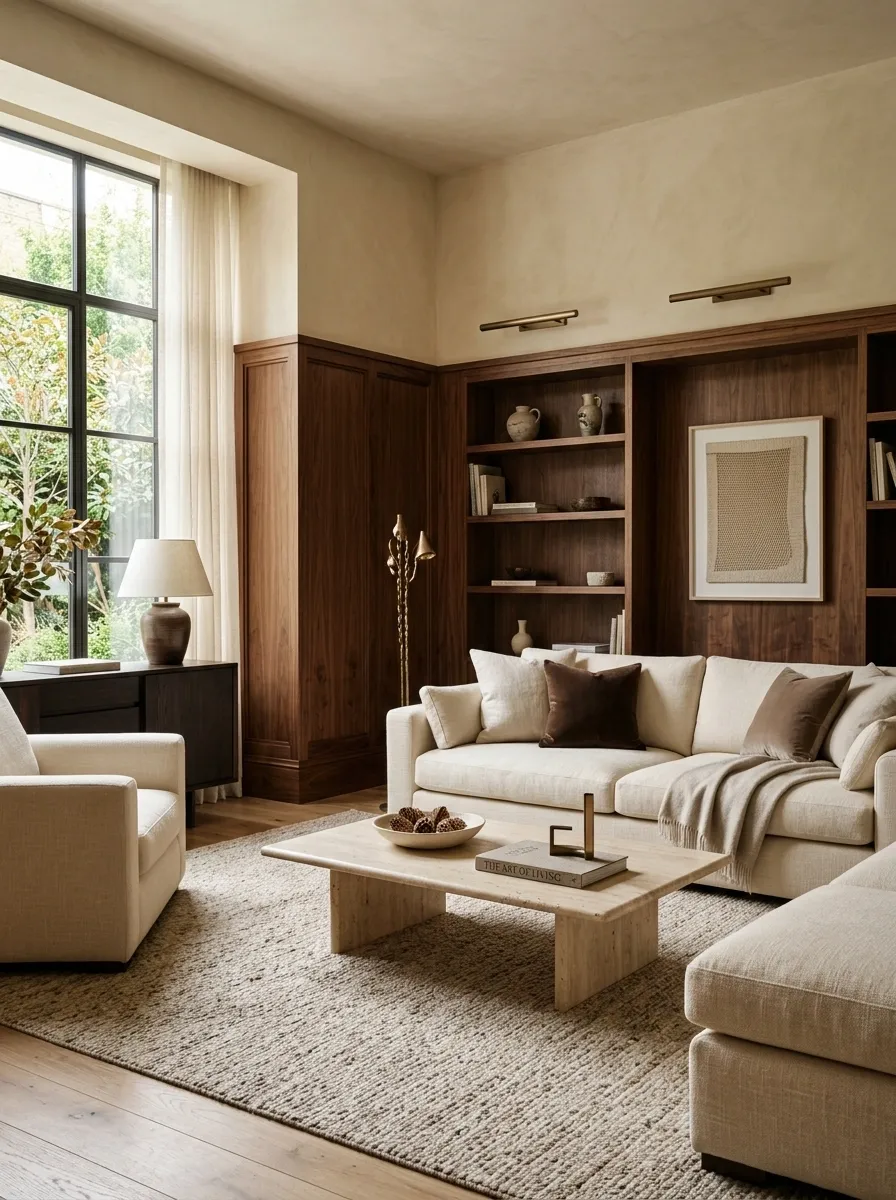 Rich Walnut Wainscoting With Travertine and Cream Textiles