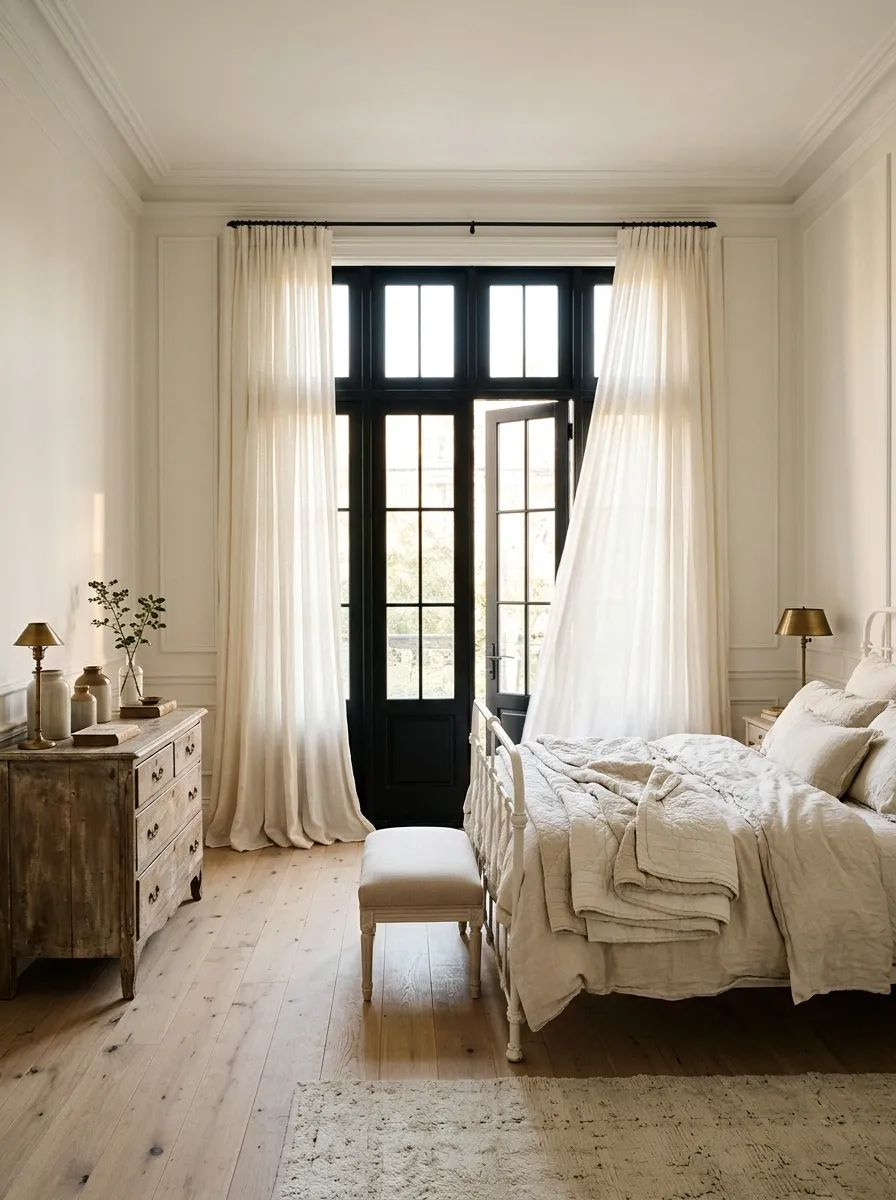 Romantic Bedroom With Black French Doors and Sheer White Curtains