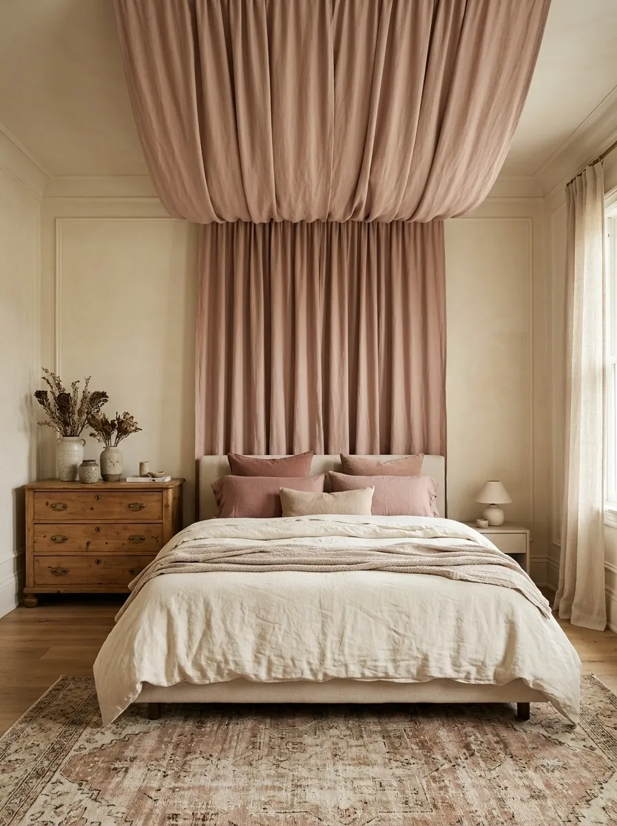 Romantic Bedroom With Blush Ceiling Draping