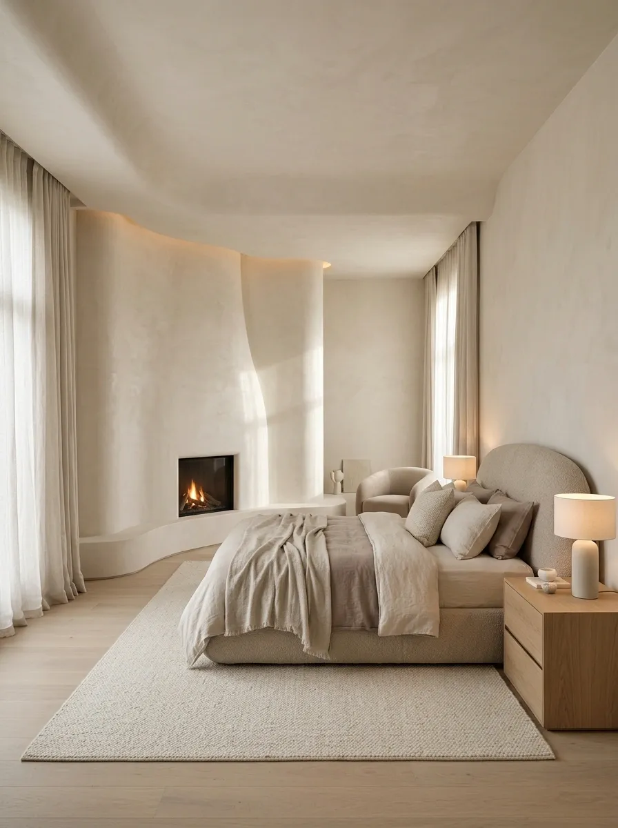Romantic Bedroom With Curved Fireplace Wall and Soft Drapery
