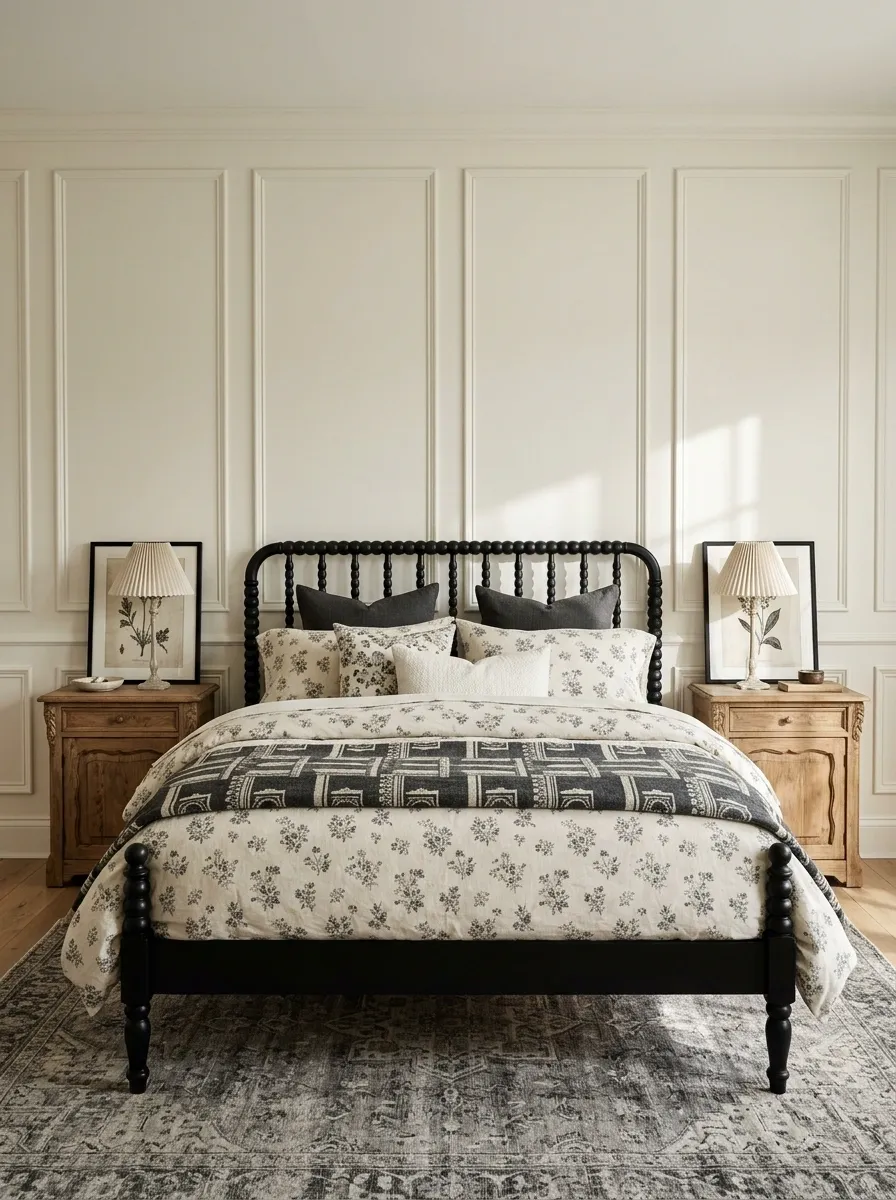 Romantic Black and White Bedroom With Vintage Floral Bedding