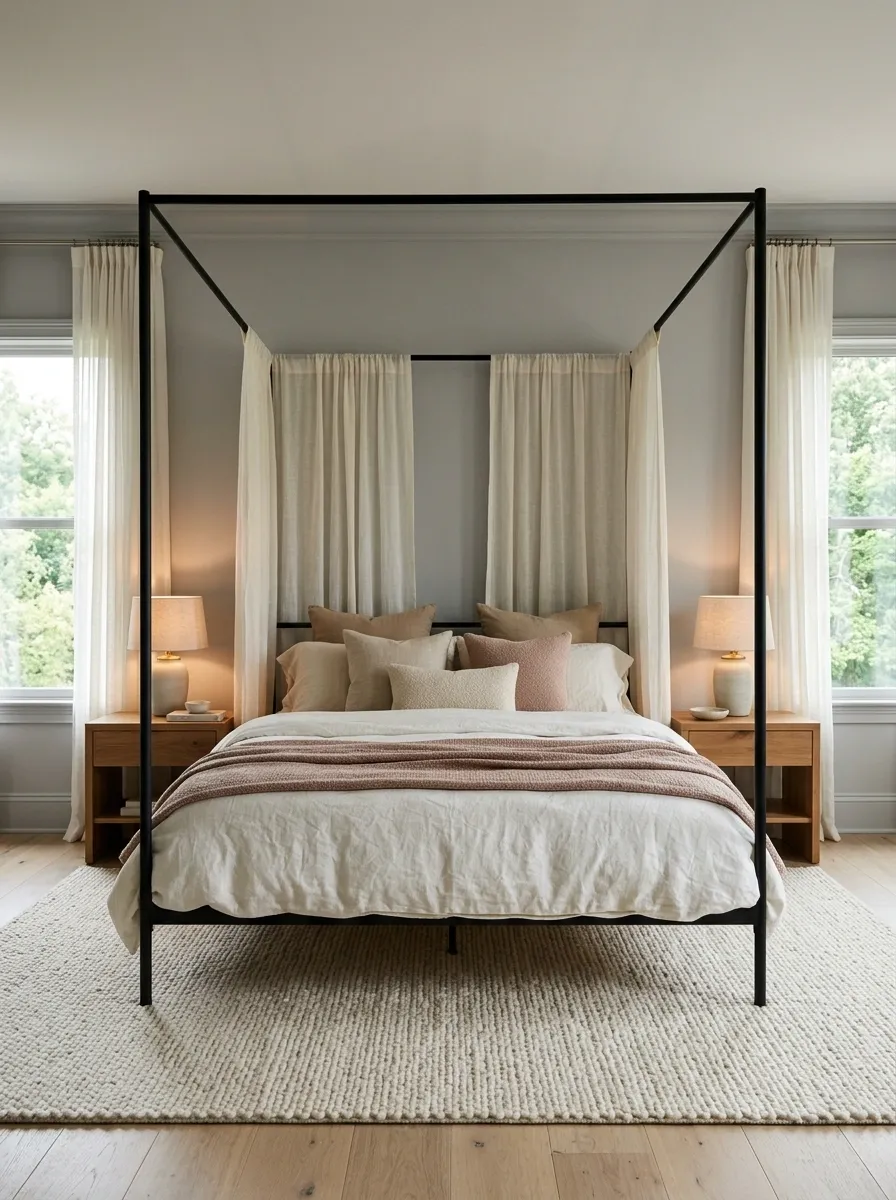 Romantic Canopy Bedroom With Sheer Curtains and Layered Bedding