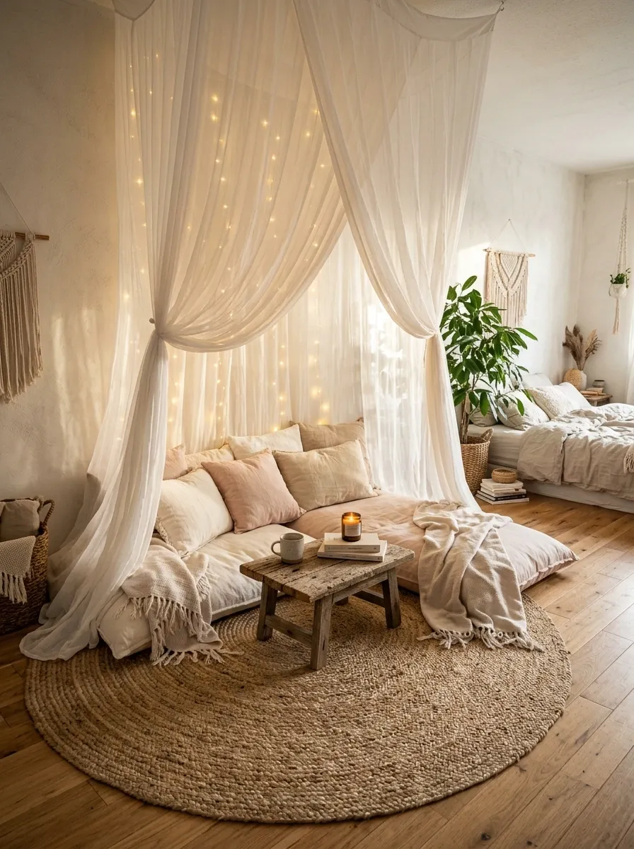 Romantic Canopy Corner With Floor Cushions
