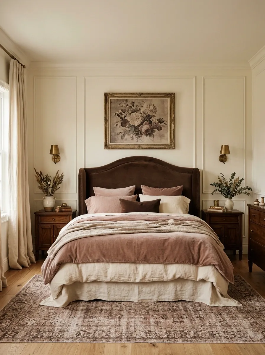 Romantic Chocolate Bedroom With Dusty Blush and Antique Brass