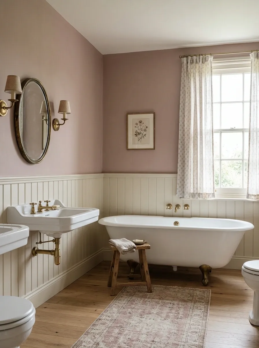 Romantic Country Bathroom With Dusty Rose and Cream