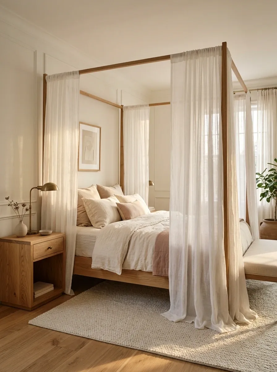 Romantic Cream Bedding With Sheer Canopy Curtains