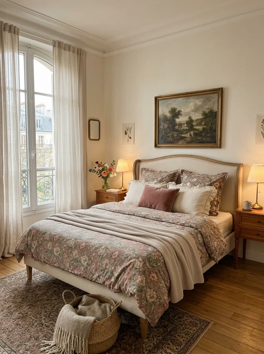Romantic Cream Bedroom With Floral Bedding and Vintage Details