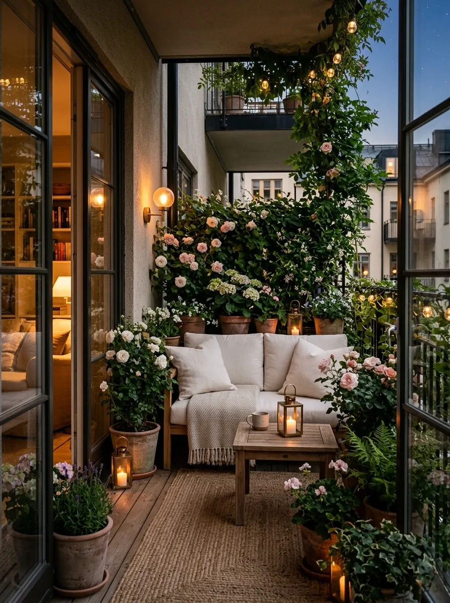 Romantic Evening Patio With Candle-Style Lighting and Soft Upholstery