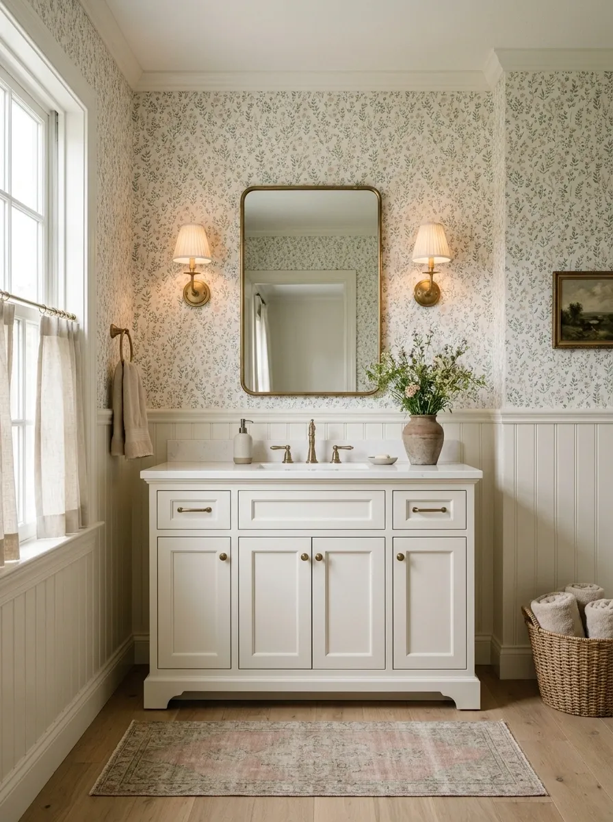 Romantic Farmhouse Bathroom With Floral Wallpaper and Painted Paneling
