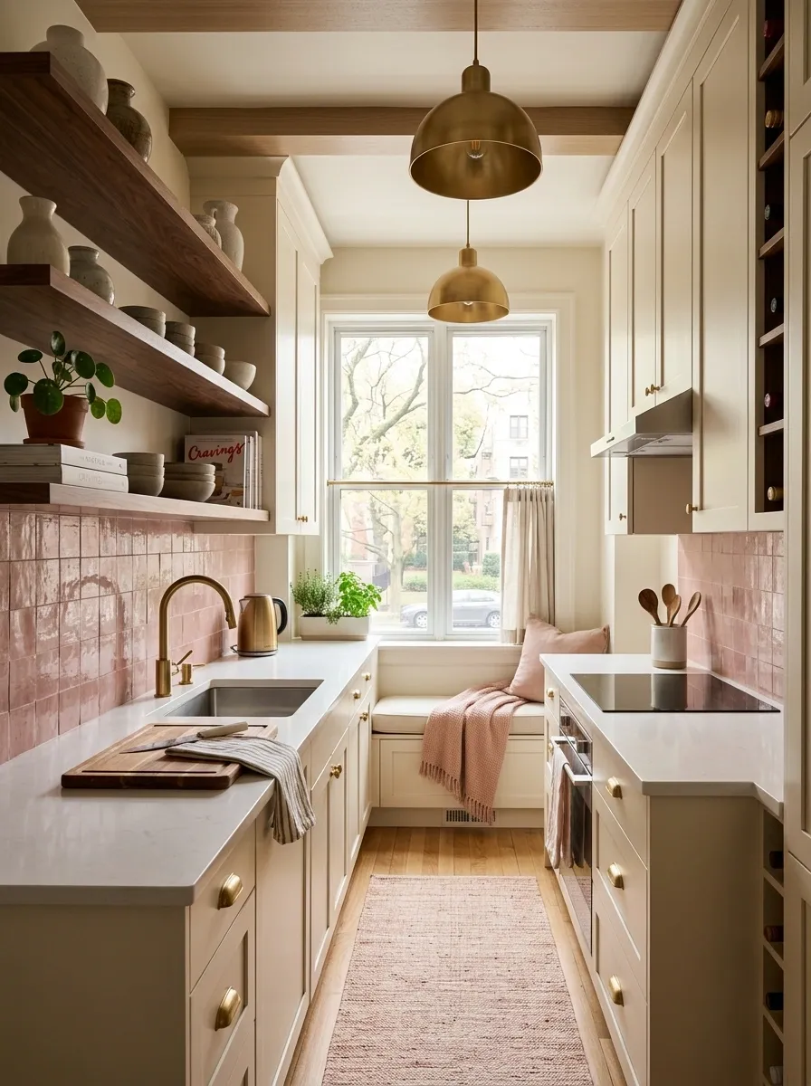 Romantic Galley Kitchen With Blush Tile and Walnut Shelving
