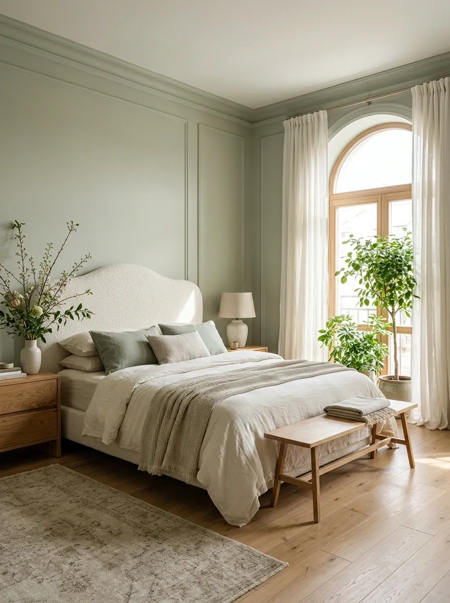 Romantic Green Bedroom With Soft Sage, Cream, and Flowering Branches