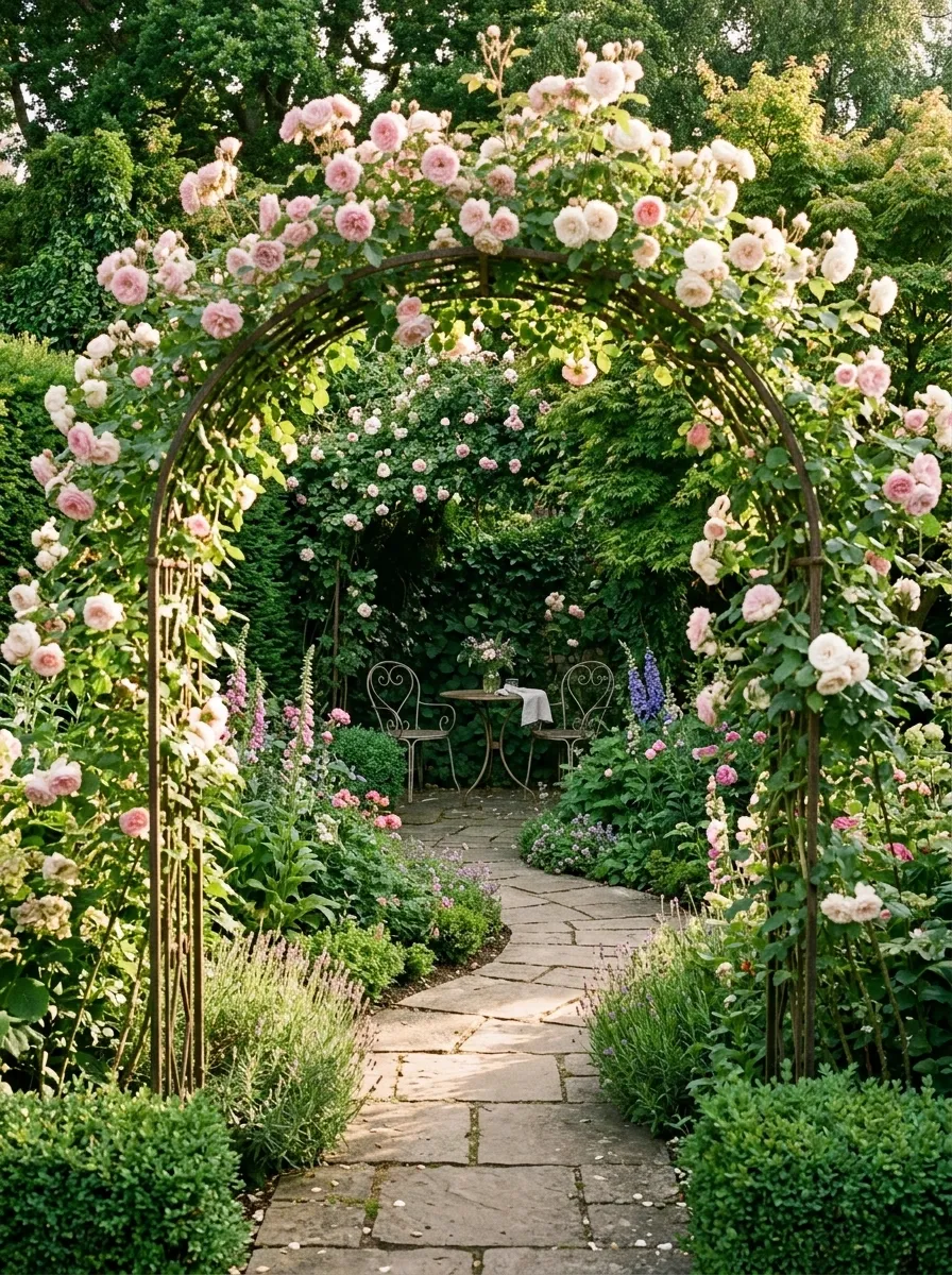 Romantic Rose Arch Leading to a Garden Seating Nook