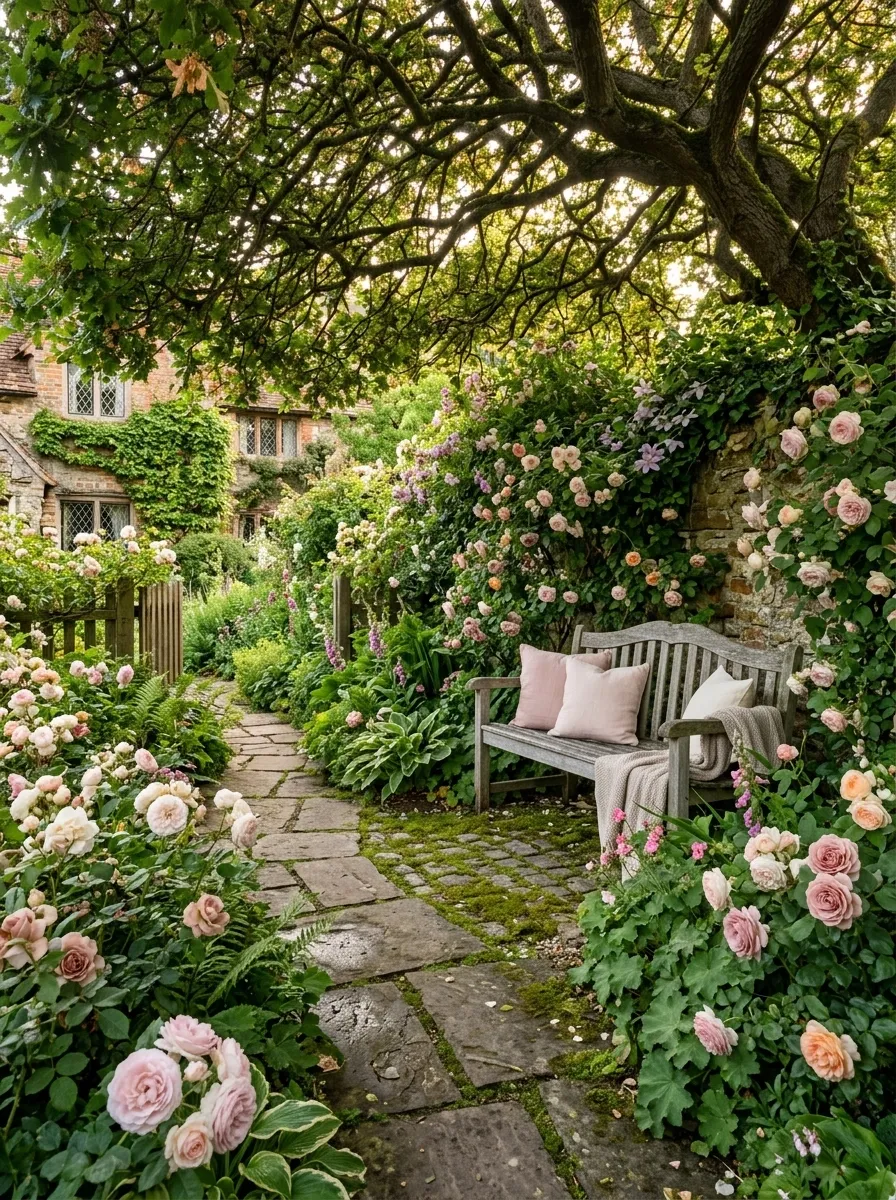 Romantic Rose Garden With a Small Garden Bench Under Trees