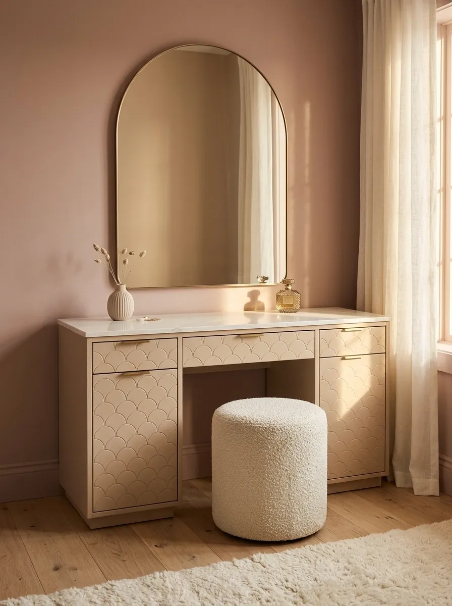 Romantic Vanity With Scalloped Edges and a Fabric-Covered Stool