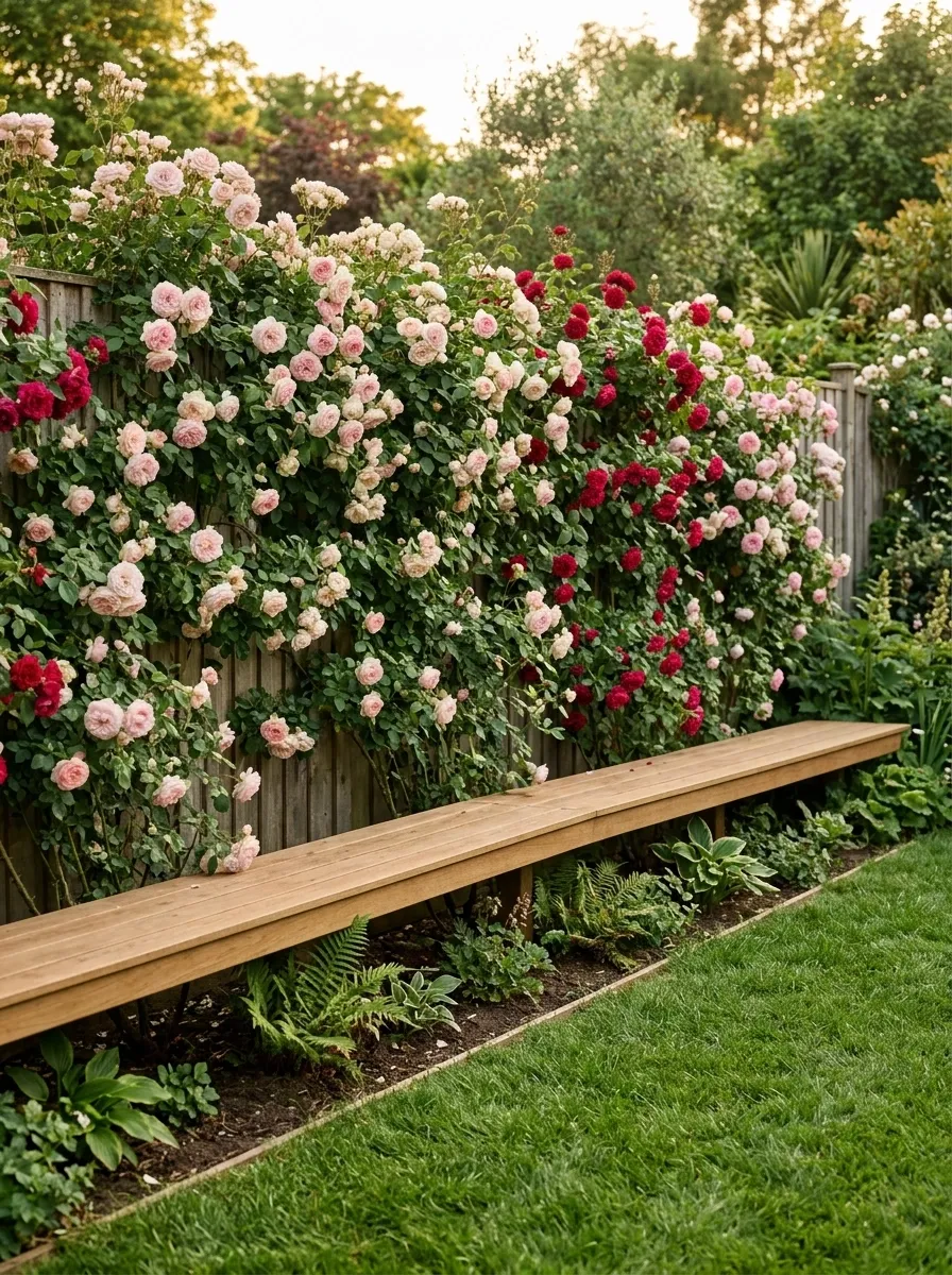 Rose-Covered Fence With a Long Built-In Bench