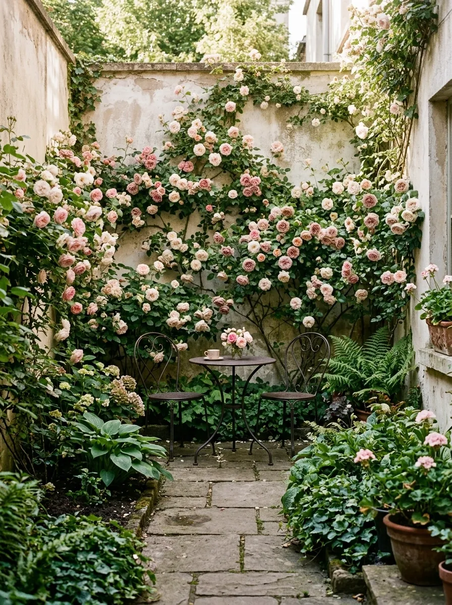 Rose-Filled Courtyard Behind a Garden Wall