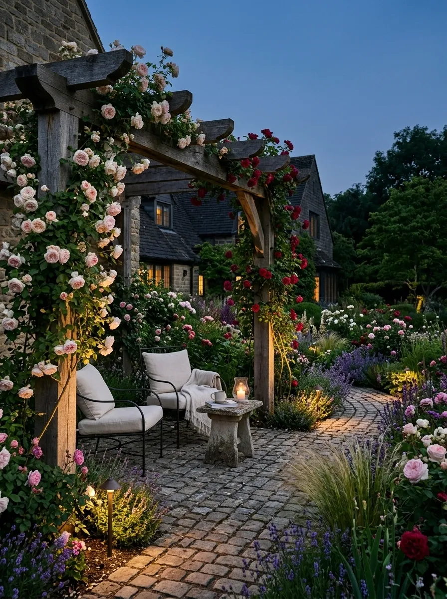 Rose Garden With a Small Pergola and Evening Lighting