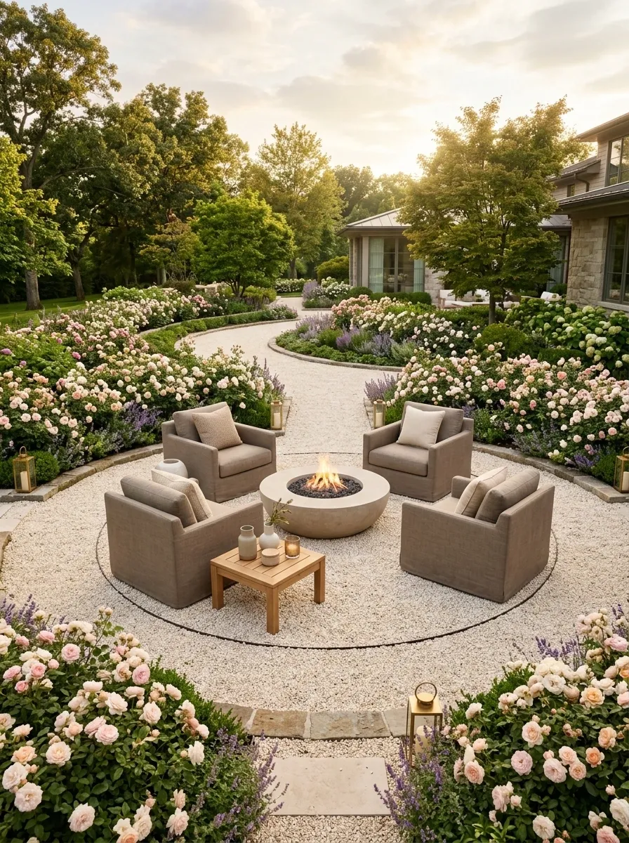 Rose Garden Wrapped Around a Fire Pit