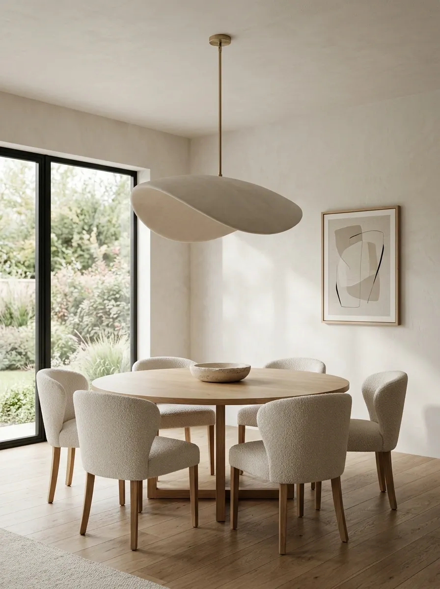 Round Table Beneath a Sculptural Pendant With Minimal Styling