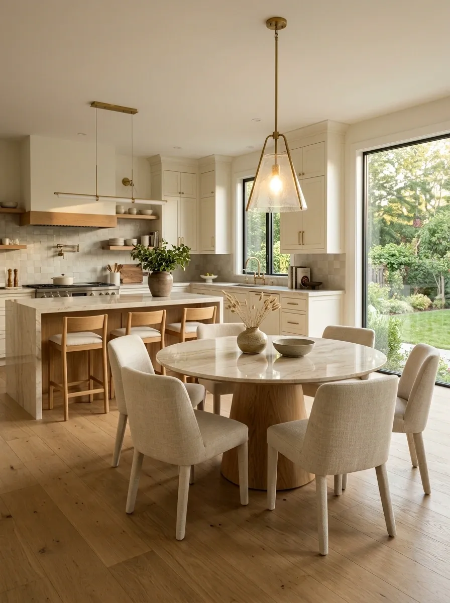 Round Table Beside a Kitchen Island With Cohesive Stone and Wood