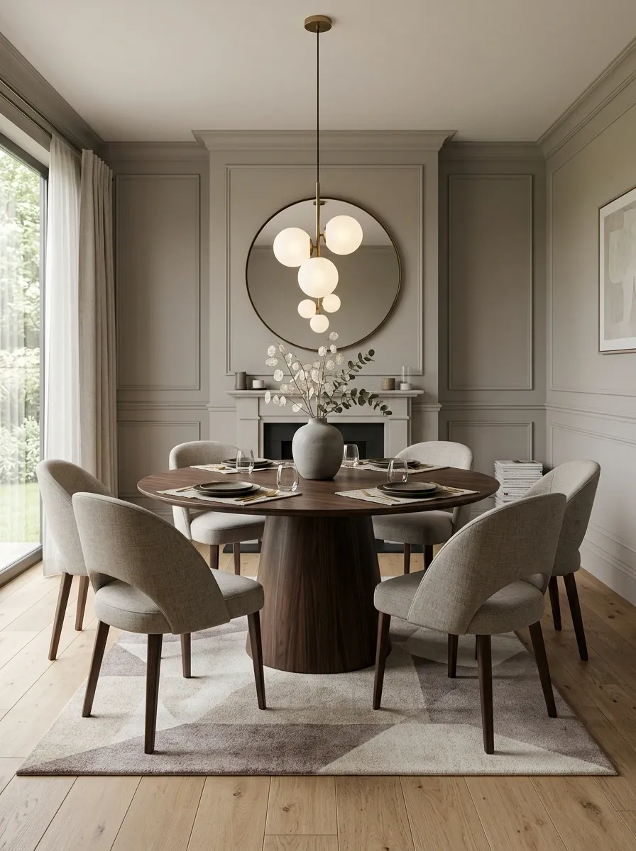 Round Walnut Table on a Soft Geometric Rug