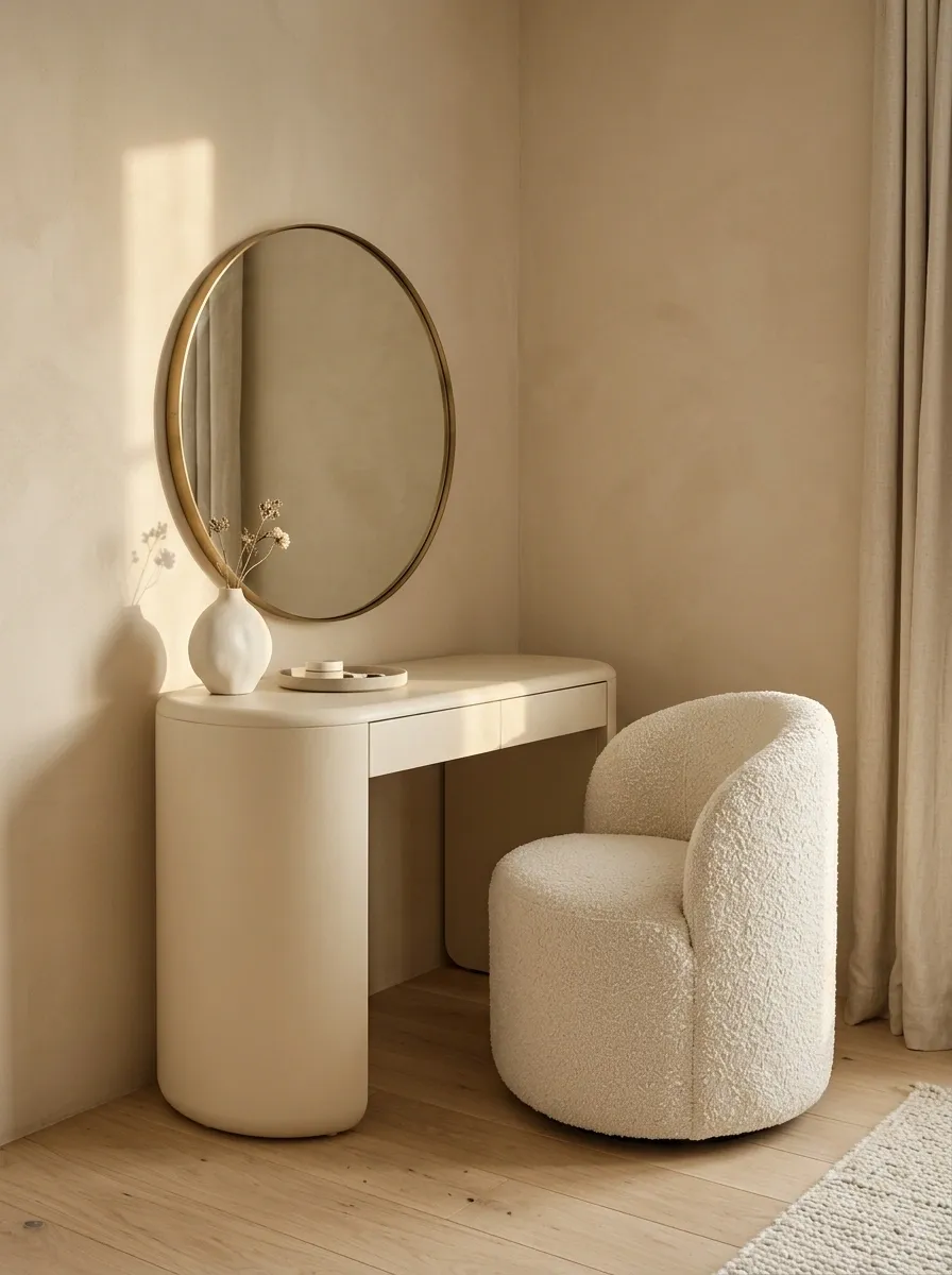 Rounded Cream Vanity With a Boucle Barrel Chair